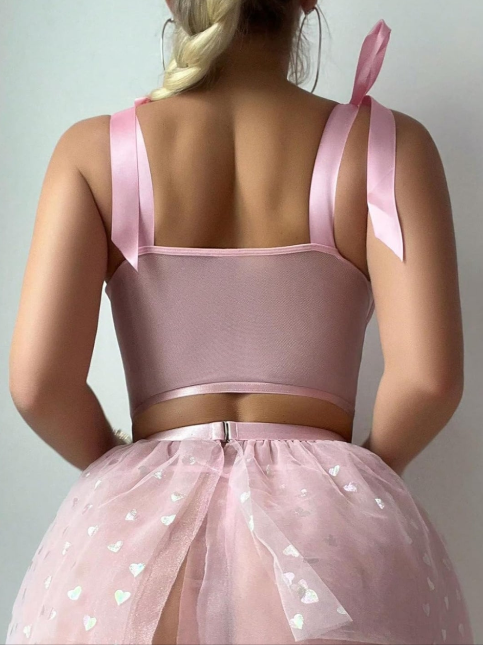 Women's 5 Piece Lingerie Set Bow Tie Camisole Mesh Tulle Skirt and Thong with Stockings COCOMONEY pink