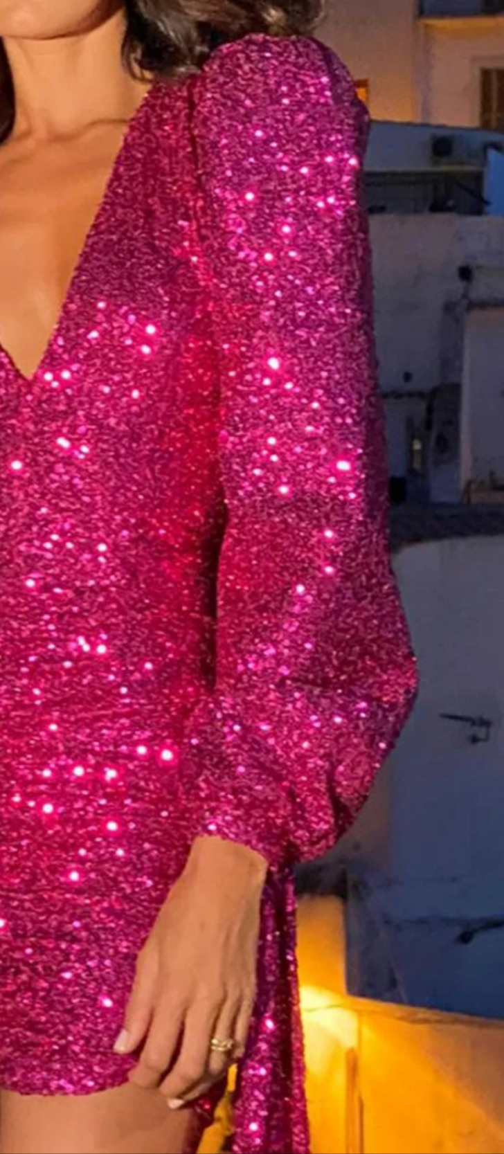 COCOMONEY Ruched Puff Sleeve Straps Sequin Dress-Hot Pink