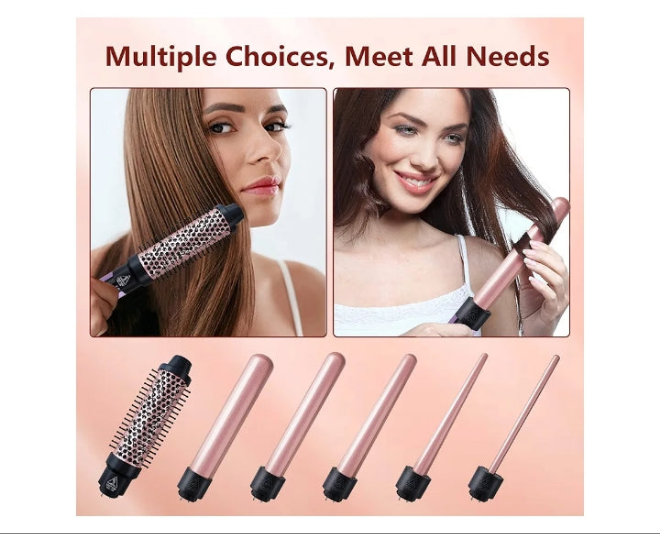 Curling Iron Set, 6 in 1 Hair Curling Wand with Curling Brush and 5 Interchangeable Ceramic Curling Wand(0.35'-1.25') Tourmaline Hair Curler, Instant Heat Up Curling Iron for Long Hair Women