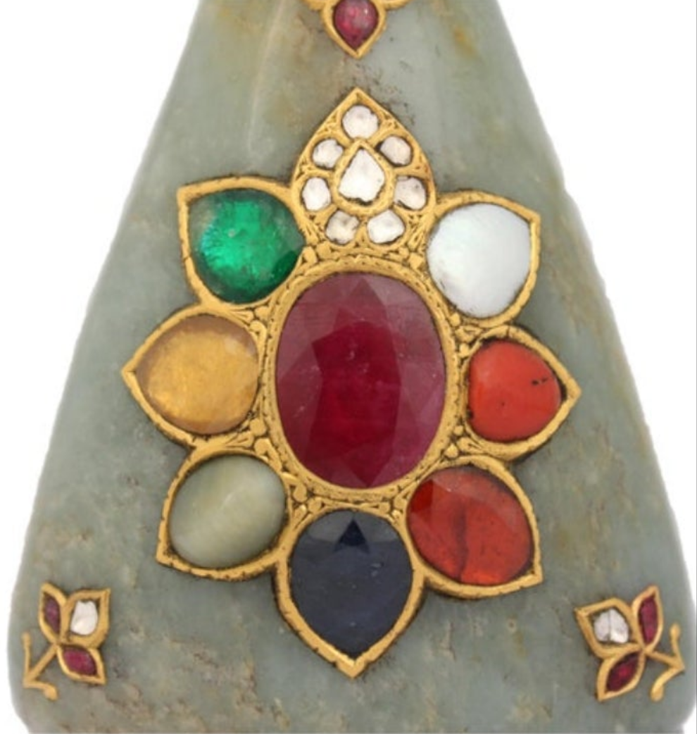24k Gold Mughal Jadeite Jade Whiskey Flask Encrusted with Nine Gemstones Coral,Diamond,Jade,Blue Sapphire,Yellow Sapphire