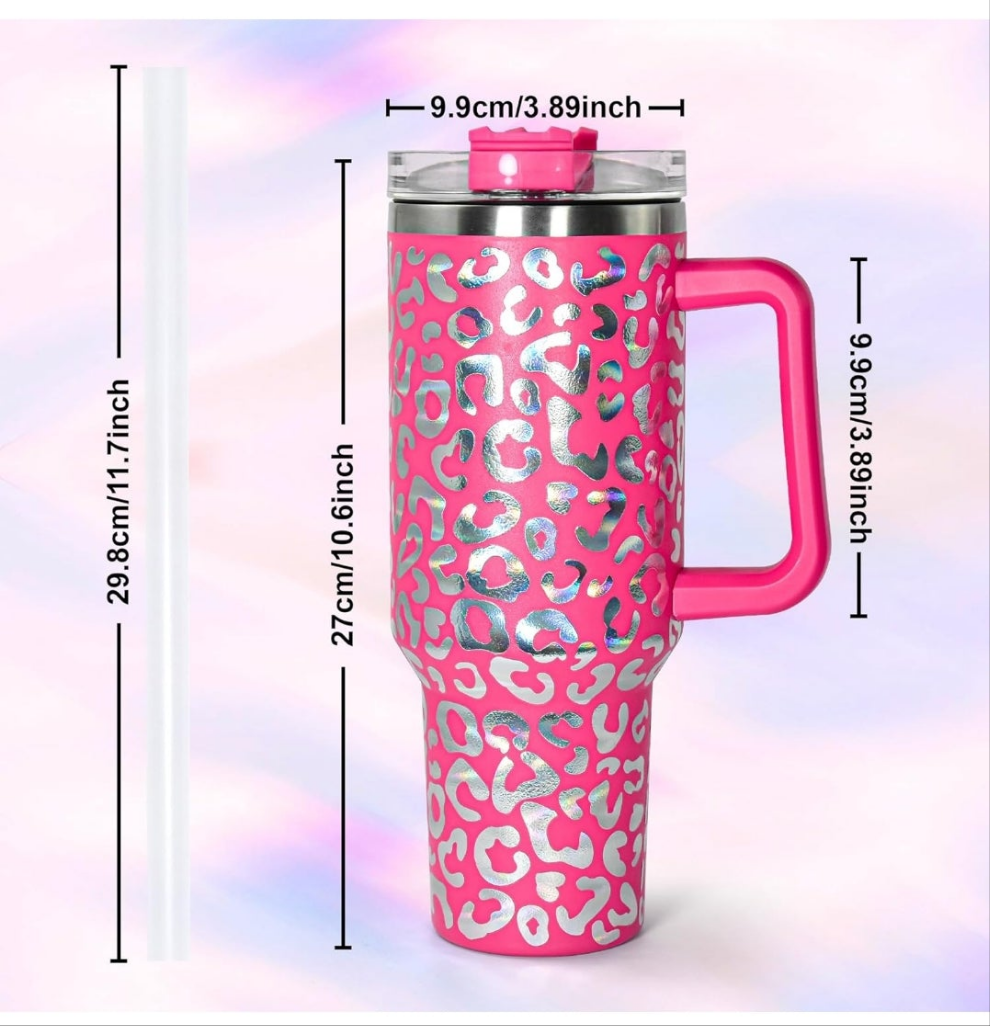 40 oz Tumbler with Handle and Straw, Stainless Steel Leopard Print Tumbler with Handle, Double Vacuum Leopard Cup, Keeps Drinks Cold Up to 24 Hours