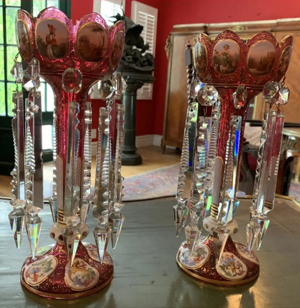 Pair of antique Moser Bohemian cranberry overlay hand painted lusters, circa 1900s cranberry glass