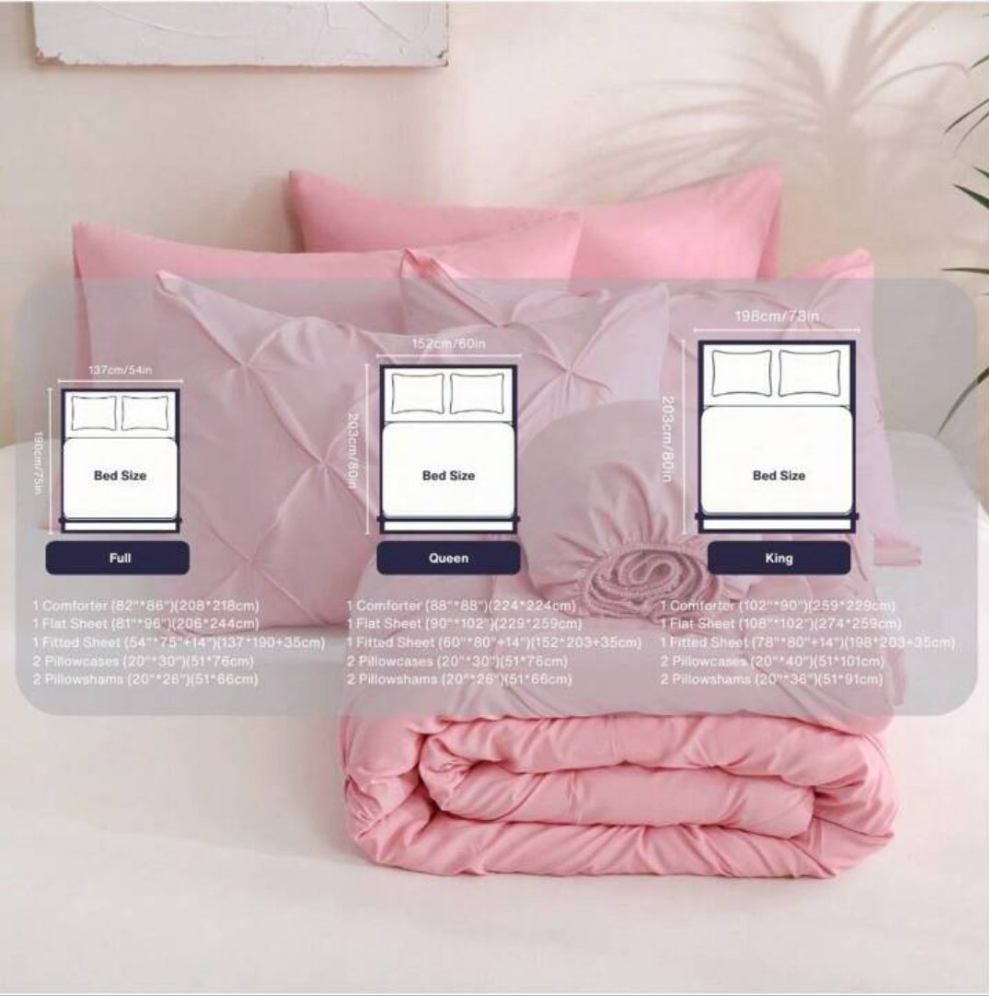 7pcs Bed In A Bag, Pinch Pleat Complete Bedding Sets With Comforter, Flat Sheet, Fitted Sheet And Pillowcases & Shams Queen/King Size