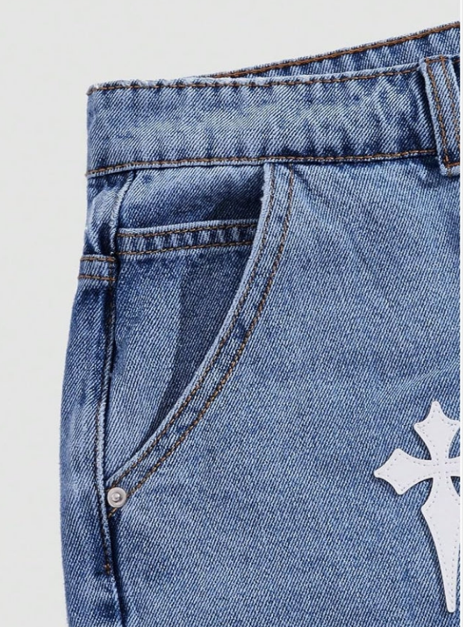 Men's Cross Pattern Patch Raw Hem Jean Shorts Color Block Cut Off Denim Shorts
