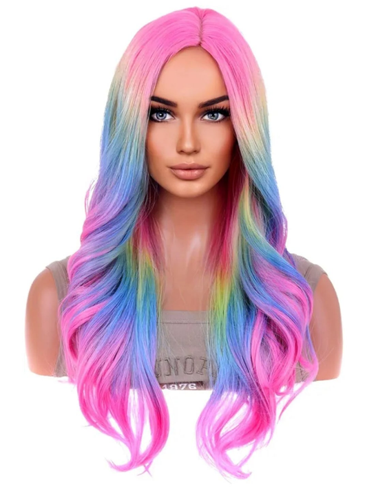 Rainbow Ombre Wigs Long Wavy Wig for Women Colorful Ombre Curly Heat Resistant Synthetic Hair Wigs for Daily Use with Wig Cap