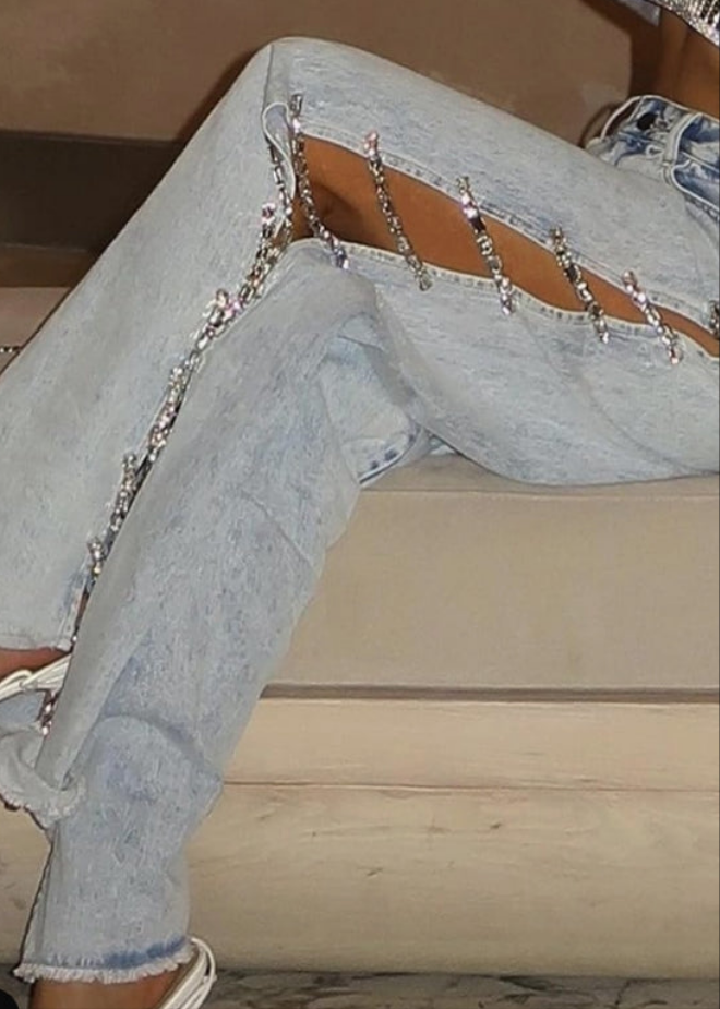 Covered in Diamond Lace Up Jeans High Rise Wide Leg Rhinestone Bandage Fringe Hem Split Denim Trouser