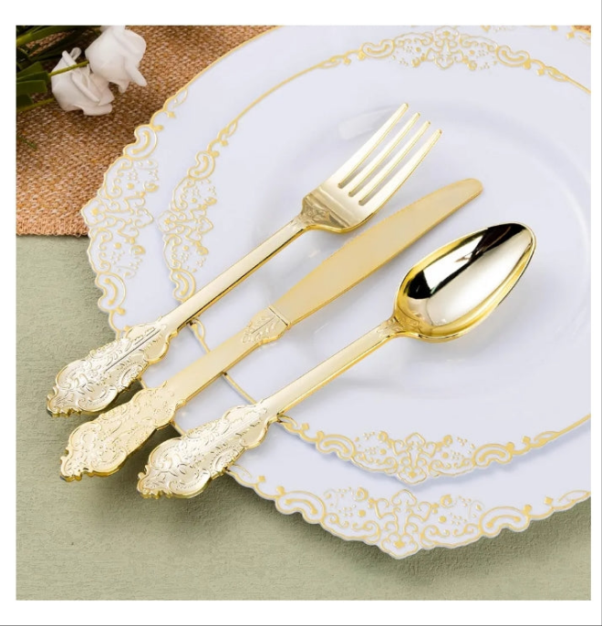 100 Pack Gold Plastic Silverware with Pre Rolled Napkins for 100 Guests, Heavyweight Gold Disposable Utensils Sets Includes 300 Plastic Cutlery, and 100 Napkins for events