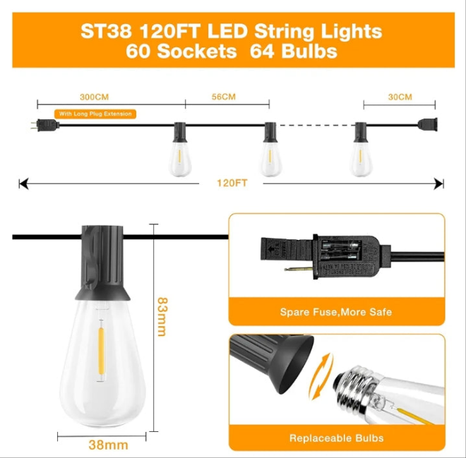 120FT Vintage Edison Bulb LED String Lights - Waterproof, Shatterproof Patio Lights for Backyards, Patios, Bistros - Dimmable, Connectable
