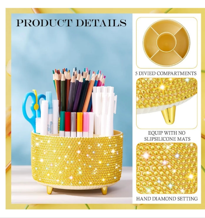 Bling Desk Accessories Organizer for Women Teen Girls Christmas Birthday Gift Bling Pen Holder Rhinestone Makeup Brush Holder with 5 Slots Rotating Diamond Skincare Organizer Countertop