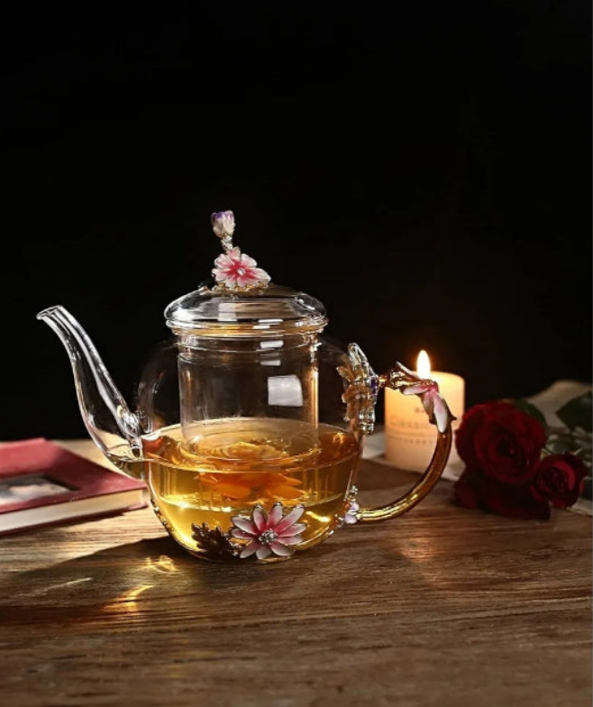 Glass Flower Teapot With Removable Loose Tea Leaf Infuser Tea Maker,Gifts For Women,Mom,Mothers Day,Christmas,Birthday,Valentines Day 35oz