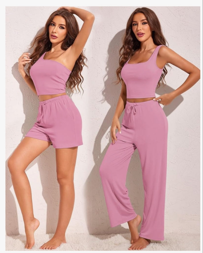 Womens 4 Piece Sets Ribbed Knit Crop Tank Top and Shorts Pants Casual Outfits or lounge wear