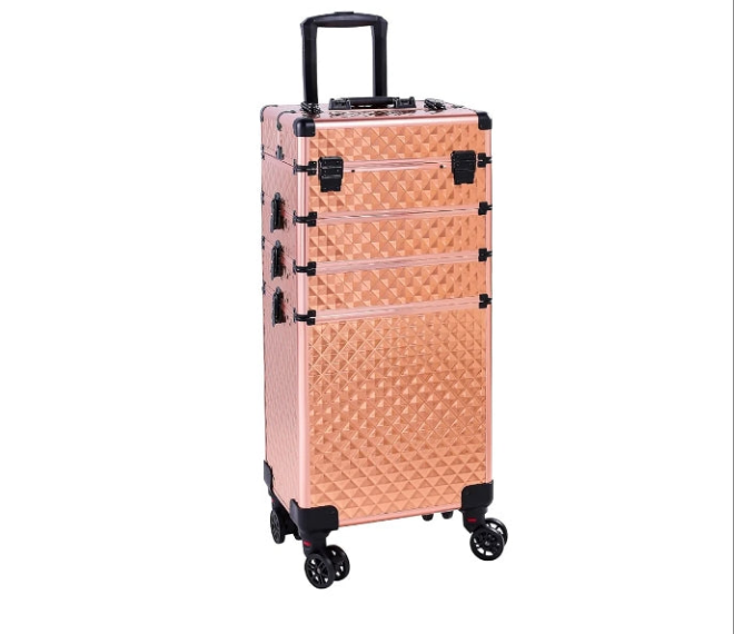 4 in 1 Rolling Makeup Train Case, Aluminum Makeup Travel Organizer Cosmetic Case, Cosmetology Display Suitcase on Wheels, Beauty Storage Luggage Lockable w/4 Removable Wheels