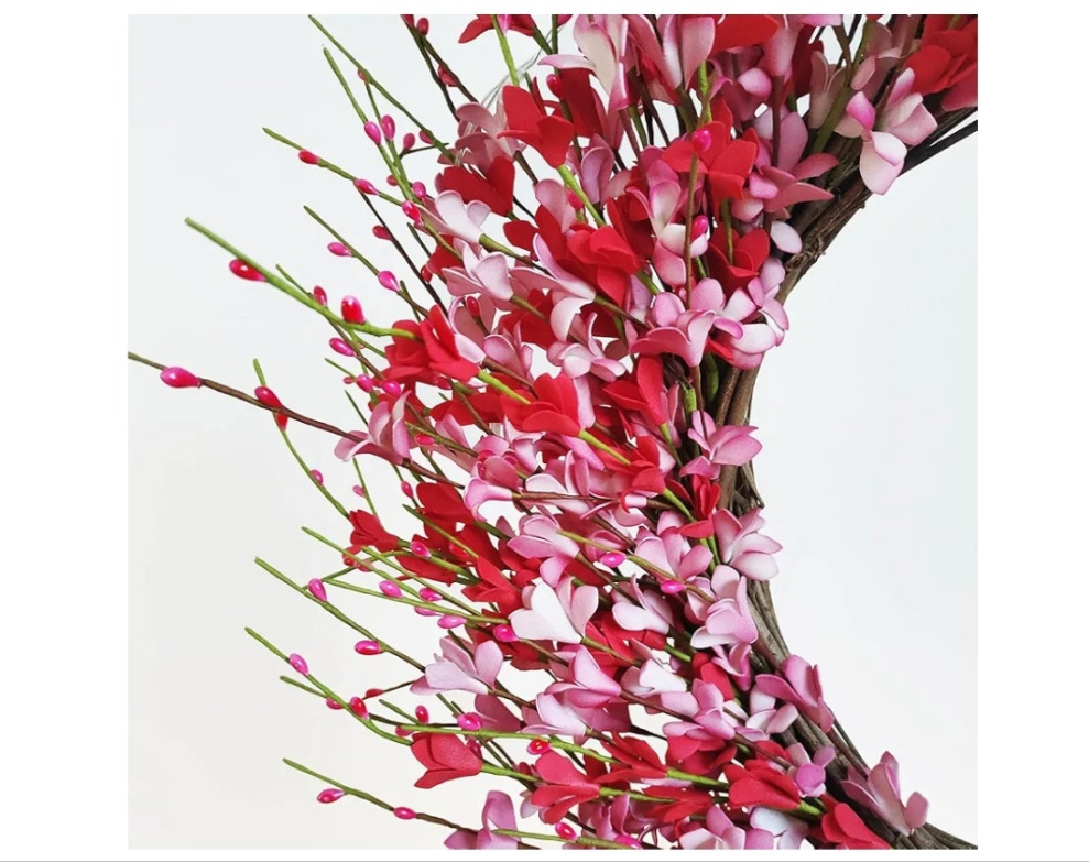 Wreath for Front Door, 20in Artificial Red Pink Forsythia Flower Berries Wreaths for Front Door, Farmhouse Hanging Wall Decor