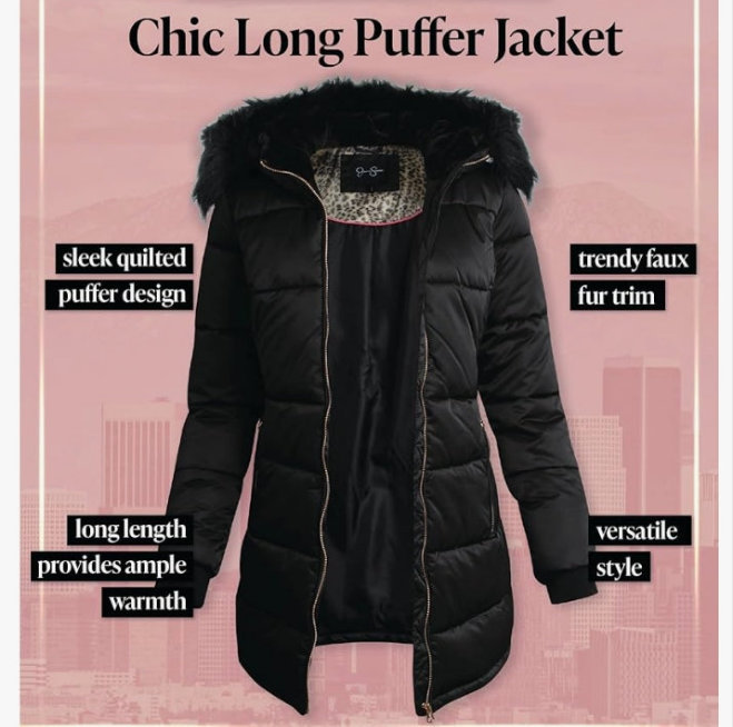 Women's Long Puffer Jacket - Quilted Winter Coat with Faux Fur Trim Hood - Insulated Coat fo