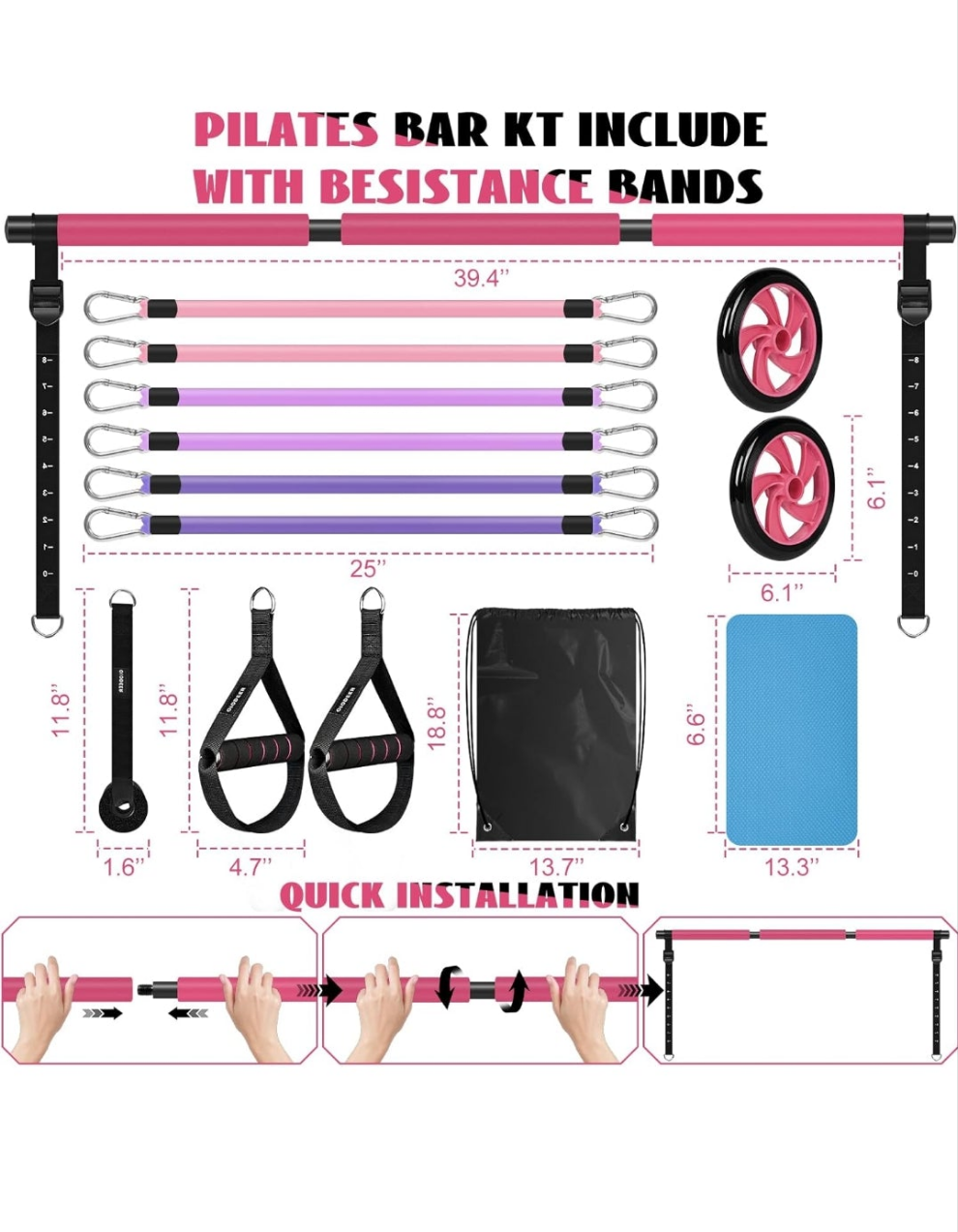 Pilates Bar Kit with Resistance Bands for Working Out, Pilates Equipment with Ab Roller for All Fitness Levels, Portable Home Gym Full Body Workout Equipment for Women&Men