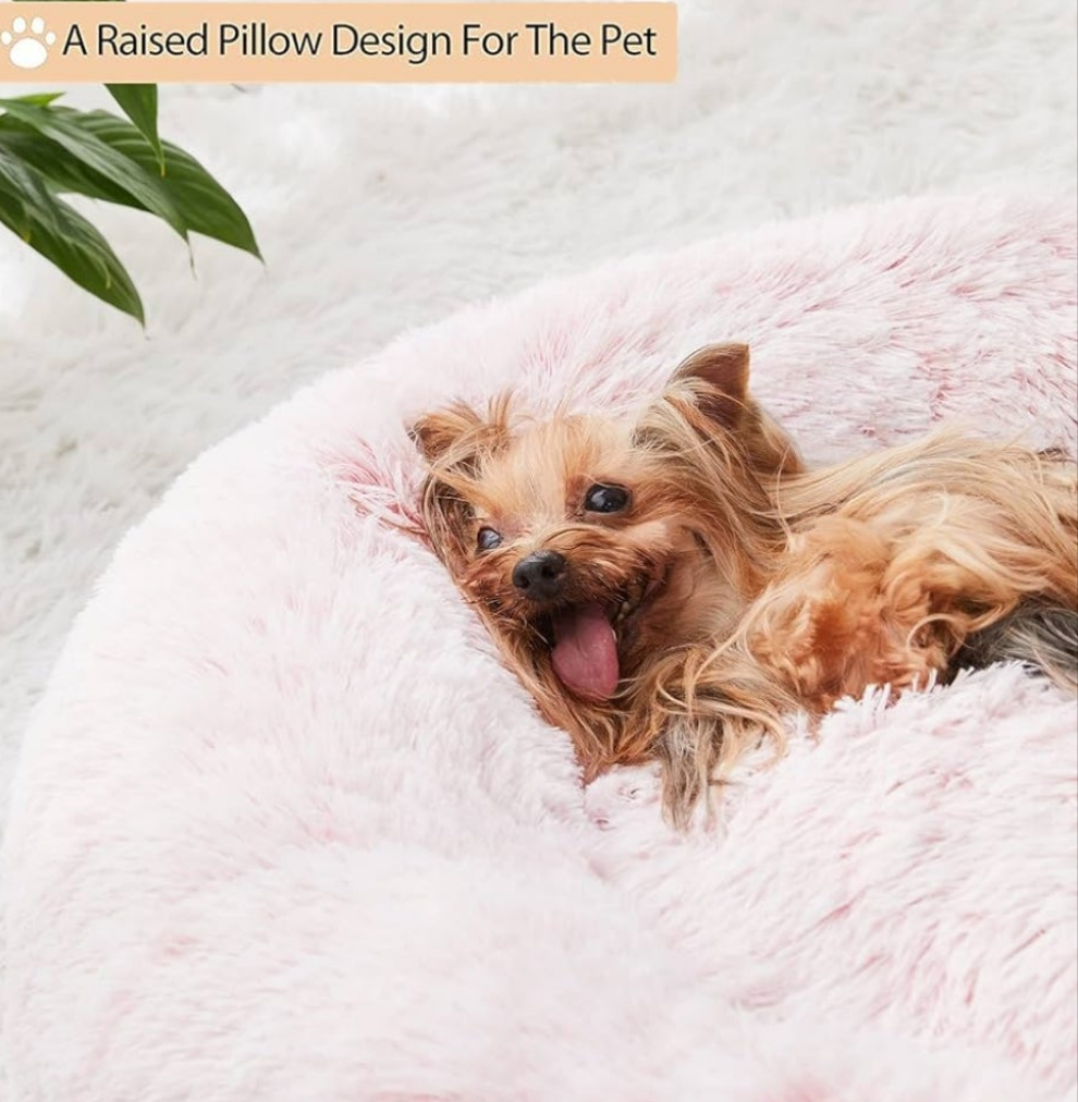 Calming Dog Cat Bed Donut, Faux Fur Pet Bed Self-Warming Donut Cuddler, Comfortable Round Plush Dog Beds