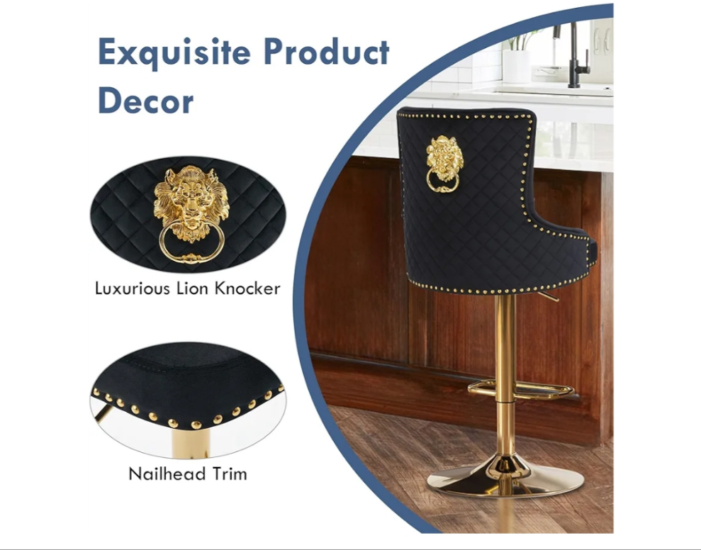 Velvet Swivel Adjustable Bar Stools Set, Modern Counter Height Stools with High Tufted Back,Barstools with Chrome Footrest/Lion Pull Ring/Diamond Pattern,Kitchen Dining Pub Chairs,