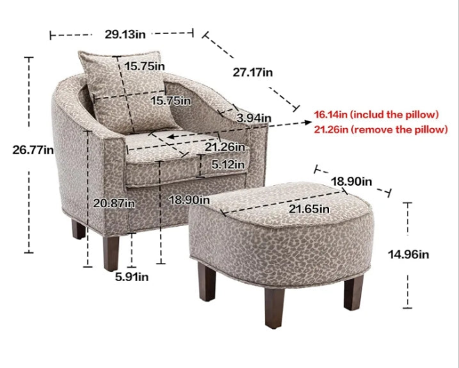 Leopard Grey Armchair with Ottoman, Modern Accent Chair with Adjustable Feet, Leisure Lounge Chair Mid Century Barrel Chair for Living Room Apartment Studio Office Waiting Room(Leopard Grey-Chenille)