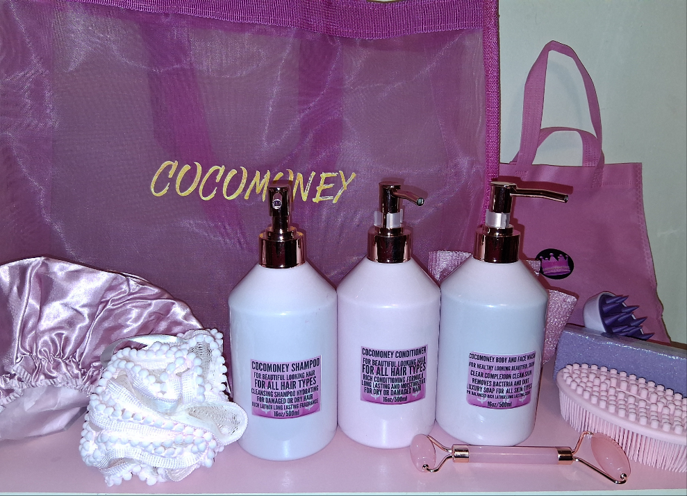 COCOMONEY LUXURY PINK BATH SET SHAMPOO CONDITIONER FACE AND BODY WASH PINK WITH FREE BAG 16oz AND GIFTS packaging may vary