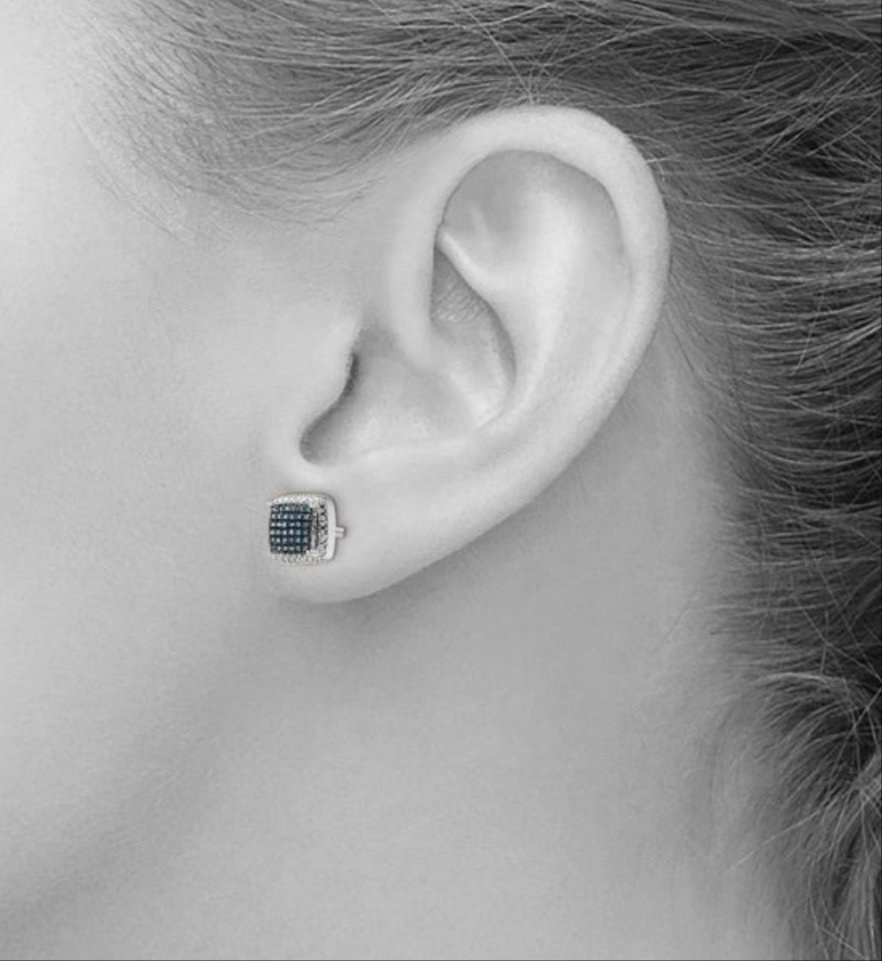 Blue & White Diamond 8mm Square Screw Back Earrings in Sterling Silver