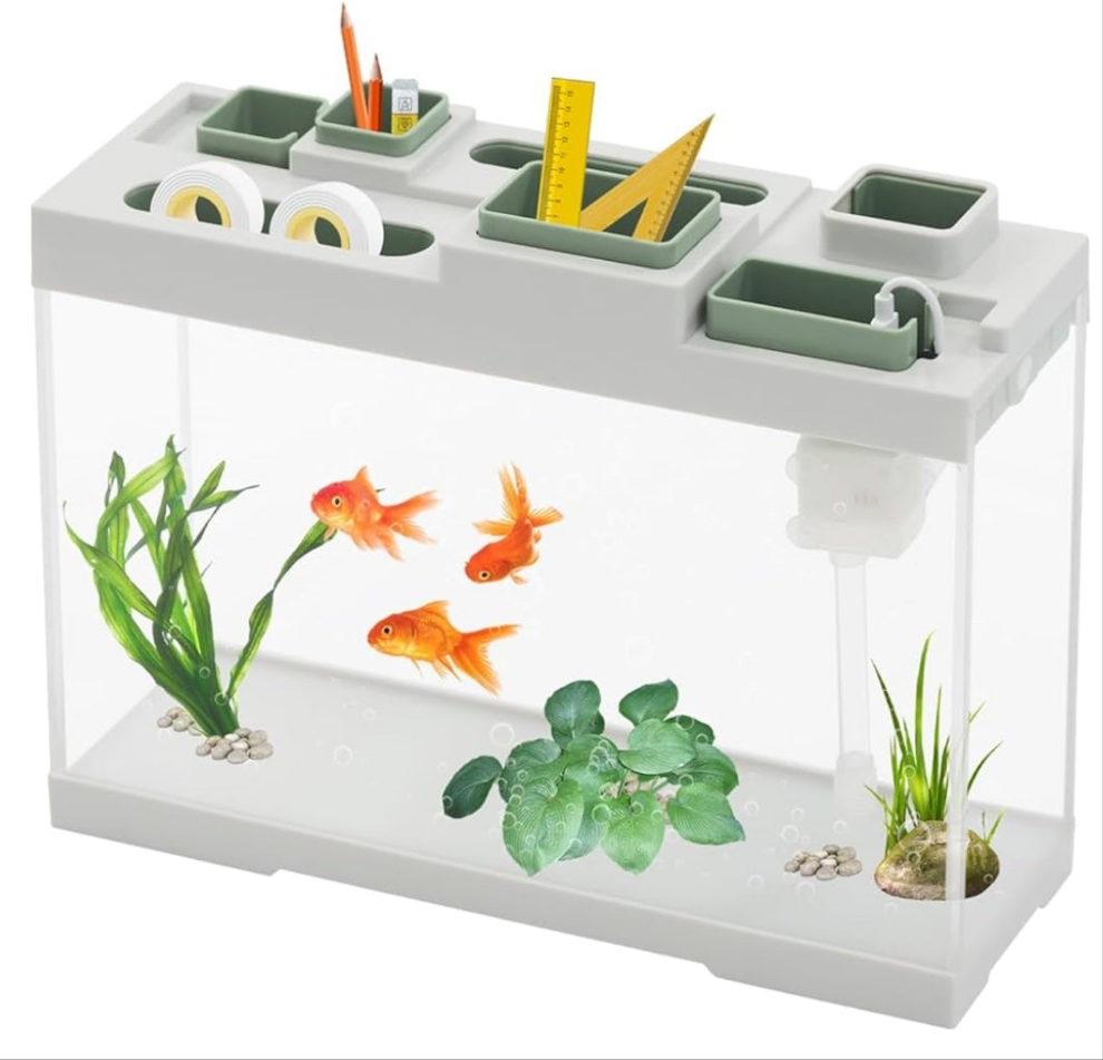 Fish Tank, 3-4L Narrow Tabletop Storage Fish Tank with DC Submersible Pump LED Light Low Noise Desktop Acrylic Aquarium for Living Room Bedroom Study Room Office