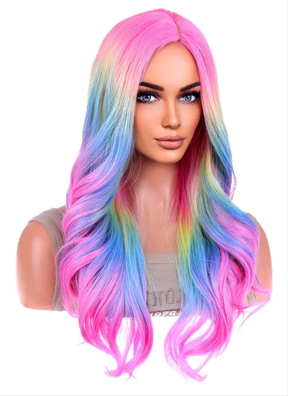 Rainbow Ombre Wigs Long Wavy Wig for Women Colorful Ombre Curly Heat Resistant Synthetic Hair Wigs for Daily Use with Wig Cap