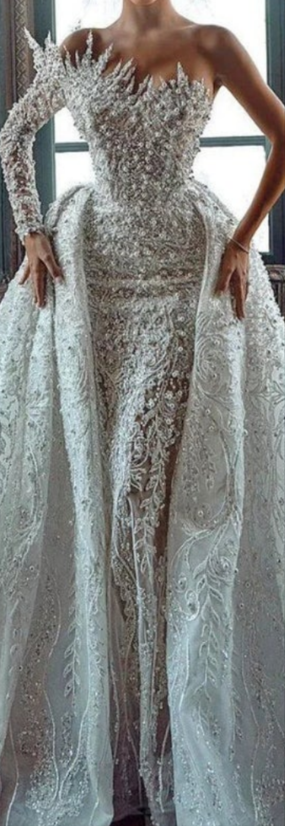 Stunning Long White One Shoulder A-line Beading Pearls Long Sleeve Weeding Dress With Train
