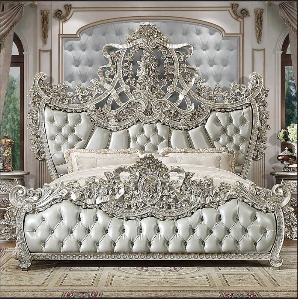 LEATHER 5PC BEDROOM | SILVER W/GOLD HIGHLIGHT