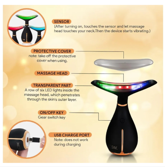 GLO24K Red Light Beauty Device for Face and Neck. Based on Triple Action L E D, Thermal, and Vibration Technologies