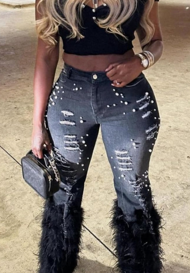 Pearl Feather Jeans Stretch Straight Leg Distressed Denim Pants