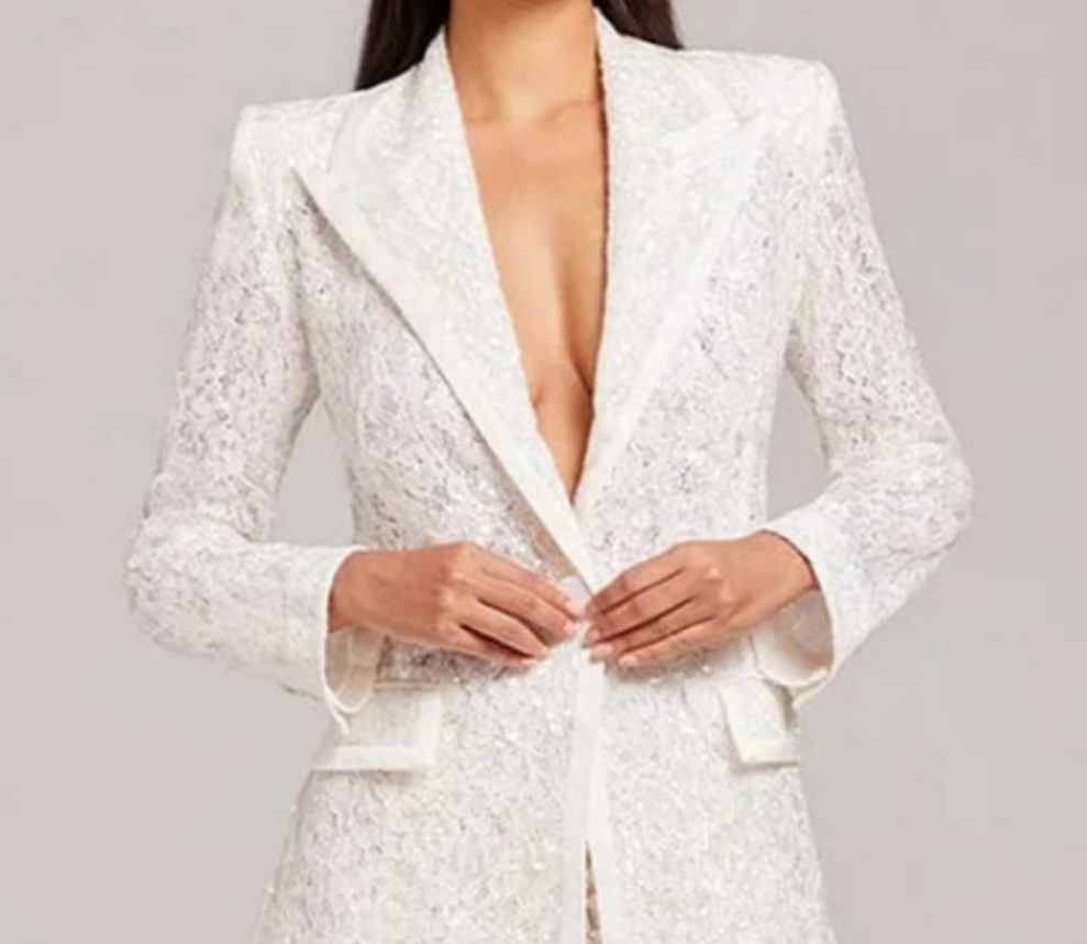 Lace Embroidered Hollow Out Sequin Two Piece Pant Set-White COCOMONEY