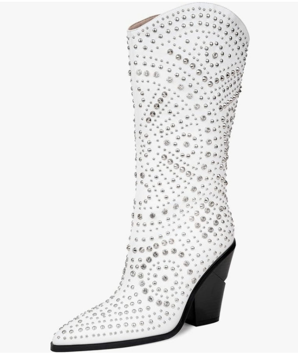 Womens Boots Pointed Toe and Chunky Heel Boots for Women Luxurious Studded Boots Tall Boots with Metallic Rivets