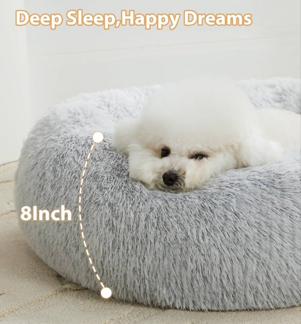 Calming Dog Cat Bed Donut, Faux Fur Pet Bed Self-Warming Donut Cuddler, Comfortable Round Plush Dog Beds
