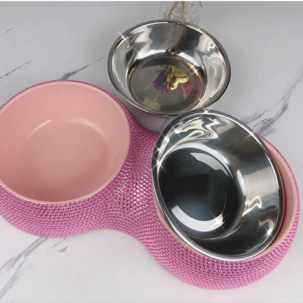 Rhinestone Pet Bowls, Bling Dog Cat Bowl Stainless Steel for Pets Food Water Dishes-2 Pack or single bowl