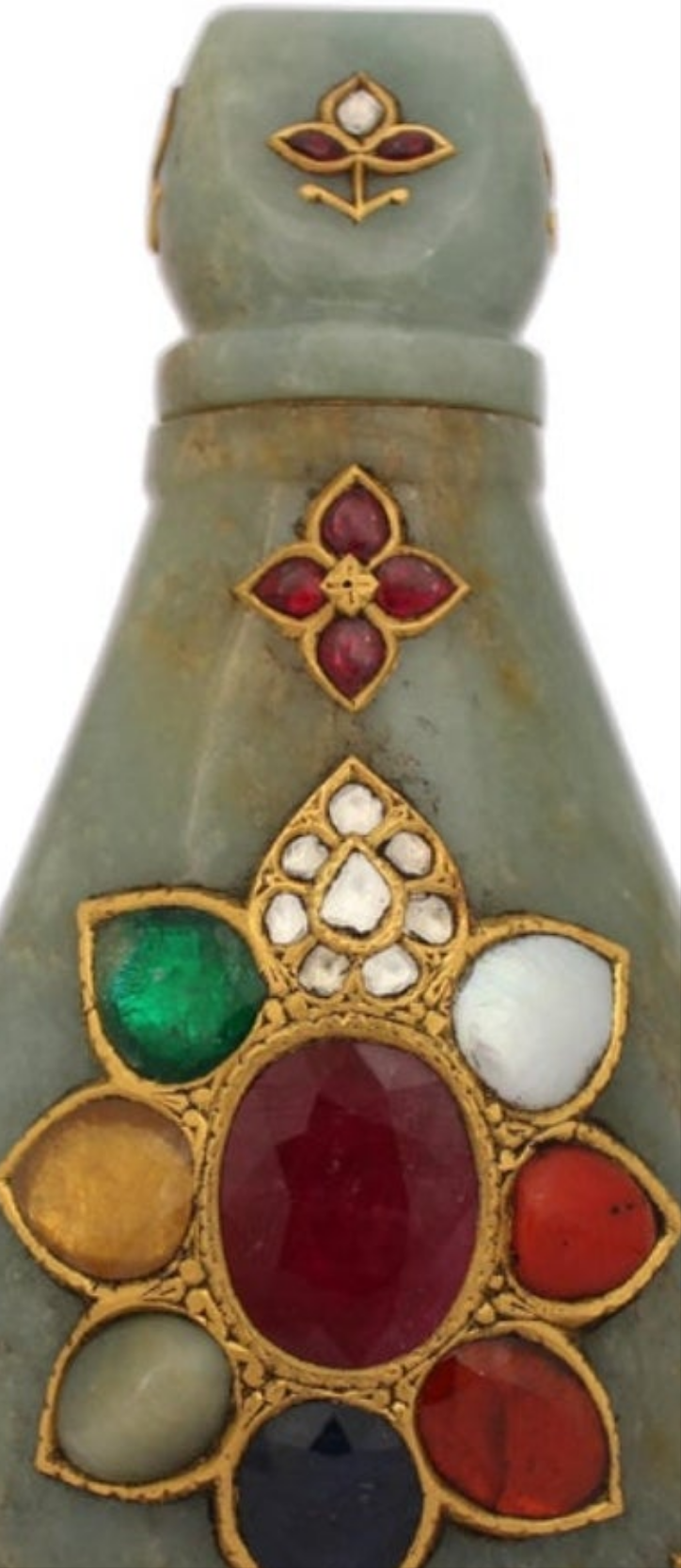 24k Gold Mughal Jadeite Jade Whiskey Flask Encrusted with Nine Gemstones Coral,Diamond,Jade,Blue Sapphire,Yellow Sapphire