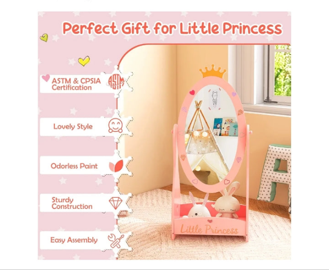 Princess Floor Free Standing Mirror w/Storage Shelf, 360 Degree Rotatable Oval Dressing Mirror w/Cute Crown Pattern for Little Girls Bedroom, Playroom, Pink