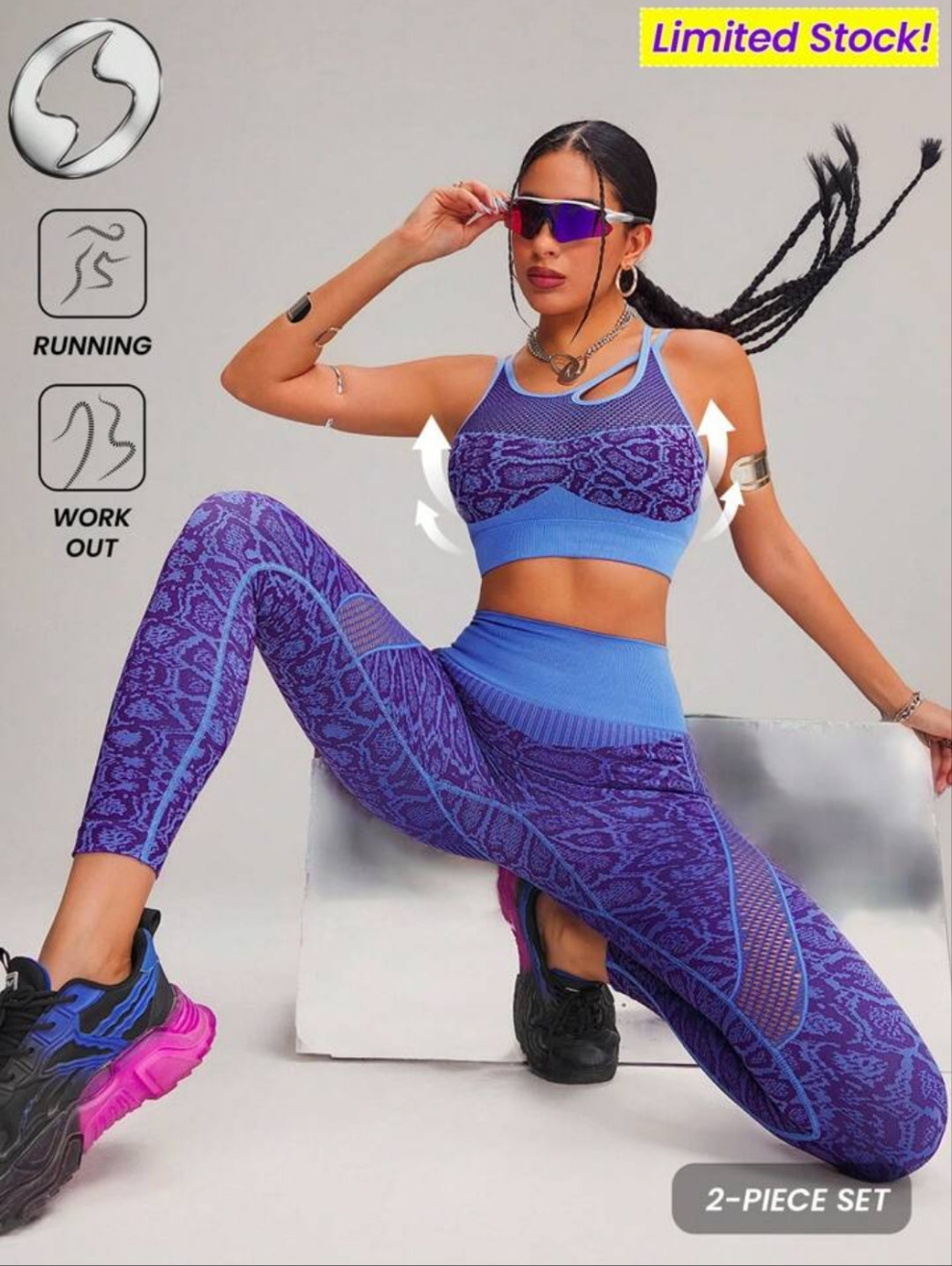 Activewear Seamless 2 Pieces Sport Set, Seamless High Elastic Push Up & Support Bra & Legging,Breathable Mesh & Dry Fit Gym Top And Bottom. Snake,Leopard Dynamic Print Workout Outfit, Outdoor,Hike,Camping,Yoga,Cycle,Bike,Running,Music COCOMONEY