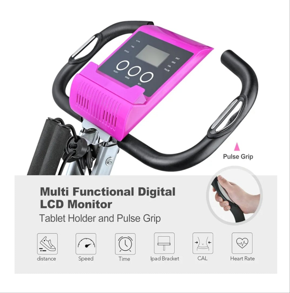Folding Exercise Bike Portable Upright Adjustable Backrest Cycling Recumbent Stationary Bike Slim Indoor Workout Fitness Cardio Foldable Exercise Bicycle Machine with Pulse Sensor LCD Monitor Arm Resistance BandsSpecial FeaturePortable, Distance Travelled