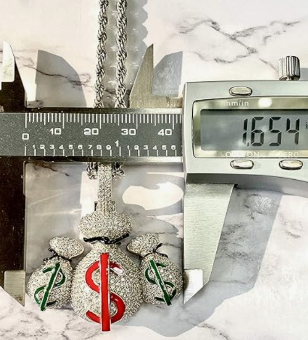 Custom MONEY BAG 925 Italy White Gold Finish Iced Silver Charm Ice Out Pendant Stainless Steel Real 3 mm Rope Chain, Mans Jewelry, Iced Pendant, Rope Necklace 16