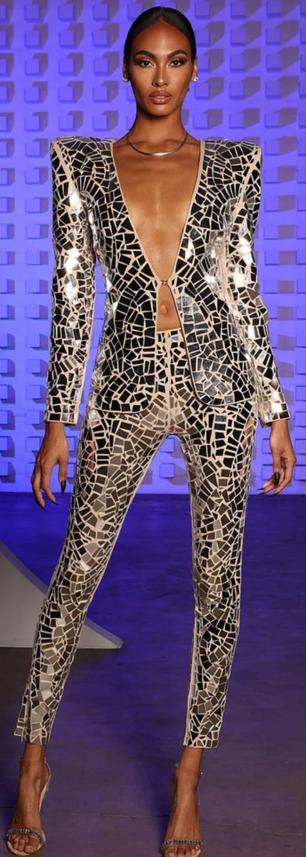 COCOMONEY Deep V Neck Mirror Sequin Two Piece Pant Set