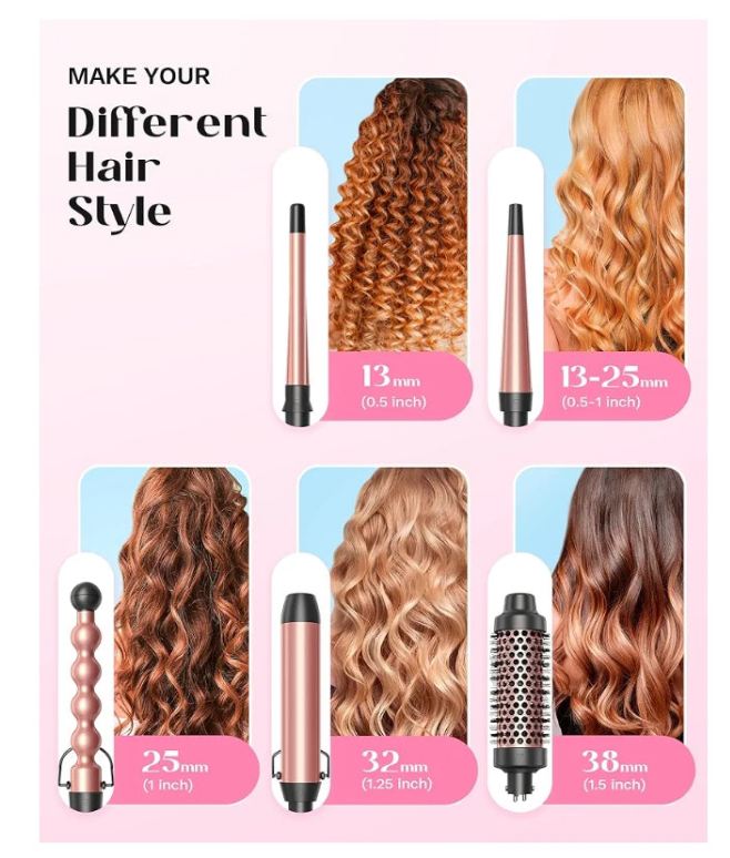 5 in 1 Curling Iron,Curling Wand Set with Curling Brush and 4 Interchangeable Ceramic Curling Wand(0.5”-1.25”),Instant Heat Up,Include Heat Protective Glove & 2 Clips