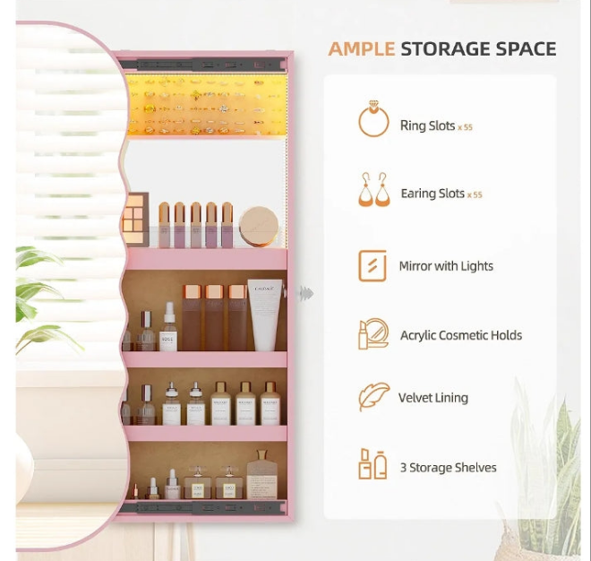 Jewelry Cabinet Door Hanging, LED Wavy Mirror Wall Mounted Jewelry Organizer, Over The Door Mirror With Storage, Lockable Jewelry Armoire with Full Length Mirror,