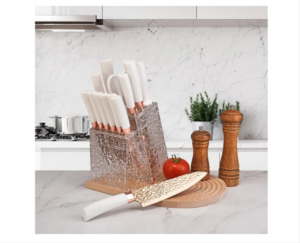 Kitchen Knife Set Non Stick Knives with Storage Serrated Steak Knife, Chef Knife, Bread Knife, Scissors, Sharpener, 14Pcs Sharp Cutlery Block Sets for Home & Pro Use Pearl White Handle Gold Blade