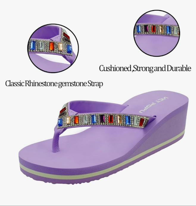 Sandals for Women Bling Rhinestones Jewel High Heel Arch Support Comfortable Soft Cushion Wedge Slip-on Casual Platform Summer Thong Sandals