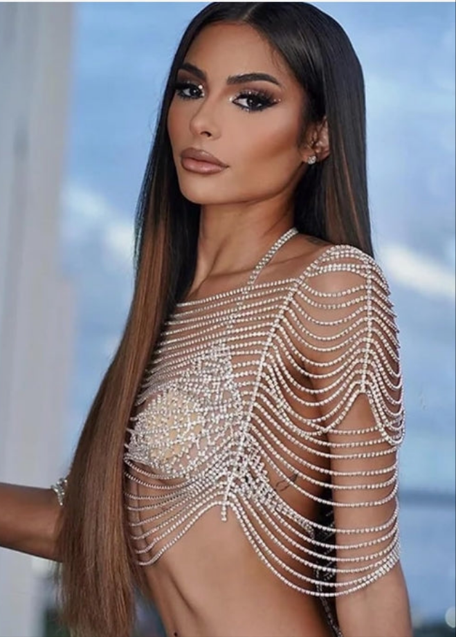 Shinny Silver Rhinestone Top For Women Sexy Silver Bikini Crystal Body Chains Shirt Jewelry Handmade