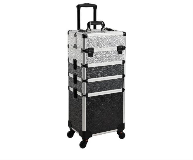 Rolling Makeup Train Case Large Storage Cosmetic Trolley 4 in 1 Large Capacity Trolley Makeup Travel Case with Key Swivel Wheels Salon Barber Case Traveling Cart Trunk