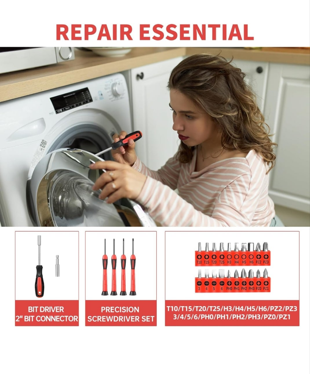 39-Piece Household Tool Set with Toolbox Storage Case - All Purpose Small Hand Tool Kit Includes Essential Tools for Home, Office, College Repairs, Red