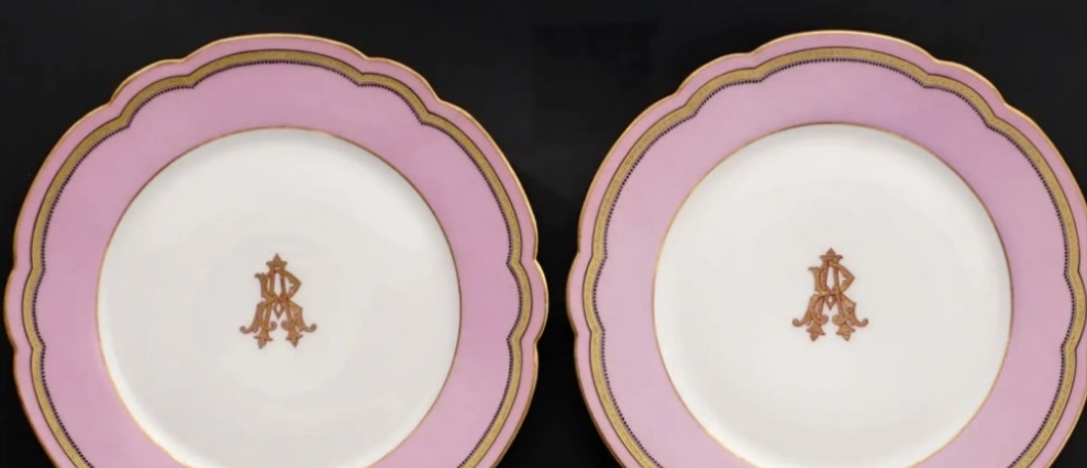 Antique French Old Paris Porcelain Pompadour Pink 15pc Dessert Service Hand Painted Gold Monogram