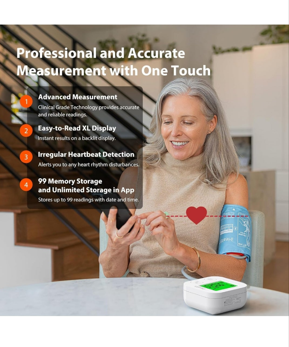 Blood Pressure Monitor with Wide Range Cuff That fits Standard to Large Adult Arms, Bluetooth Compatible for iOS & Android Devices