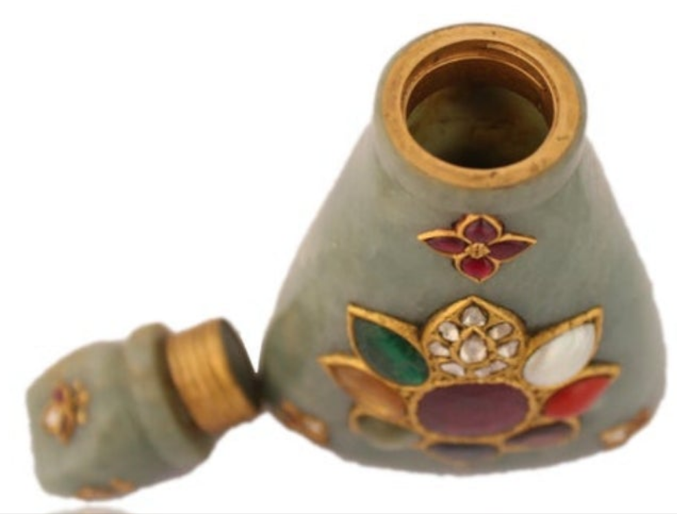 24k Gold Mughal Jadeite Jade Whiskey Flask Encrusted with Nine Gemstones Coral,Diamond,Jade,Blue Sapphire,Yellow Sapphire